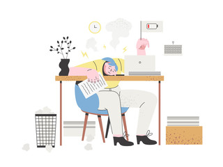 Professional burnout concept. A woman employee is tired, frustrated and emotionally exhausted. Stressed woman sitting at her working place with a laptop and piles of documents with a low charge flag.