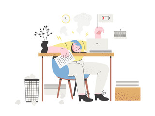Professional burnout concept. A woman employee is tired, frustrated and emotionally exhausted. Stressed woman sitting at her working place with a laptop and piles of documents with a low charge flag.