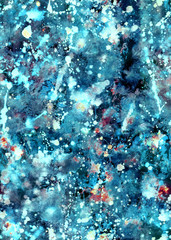 Hand drawn abstract shiny ice watercolor texture with blots and sparks