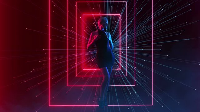 Girl Dressed In Black Is Moving Slowly In Neon Lights. Perfect Female Body With Neon Rectangle Particles And Smoke On The Background. Fashion Art Mock Up Video. Retro Style