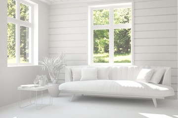 Mock up of stylish room in white color with sofa and green landscape in window. Scandinavian interior design. 3D illustration