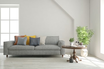 Stylish room in white color with sofa. Scandinavian interior design. 3D illustration