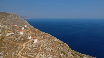 Aerial drone panoramic photo of picturesque main village or chora and castle of Amorgos island...