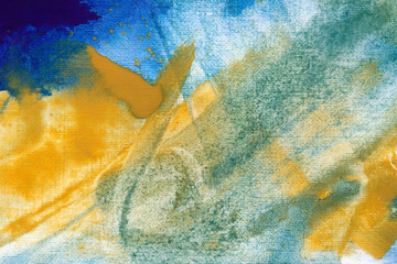 Fototapeta premium Blue ultramarine watercolor texture background. Hand drawn azure and yellow ombre, brush gradient strokes.
