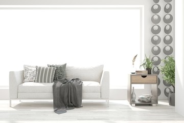 Stylish room in white color with sofa. Scandinavian interior design. 3D illustration