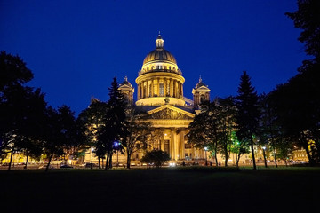 Saint Isaac's Cathedral in St. Petersburg (Russia) at night. Illuminated dome of the cathedral