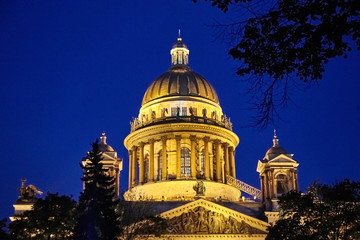Saint Isaac's Cathedral in St. Petersburg (Russia) at night. Illuminated dome of the cathedral