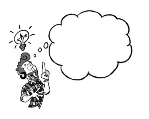 Young man having an idea with an empty thought cloud - black and white