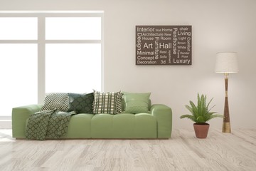 Mock up of stylish room in white color with sofa. Scandinavian interior design. 3D illustration