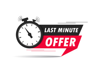 Red last minute offer with clock for promotion, banner, price. Label countdown of time for offer sale.Alarm clock with last minute offer of chance on isolated background. vector