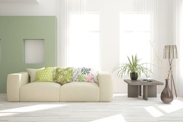 Mock up of stylish room in white color with sofa. Scandinavian interior design. 3D illustration