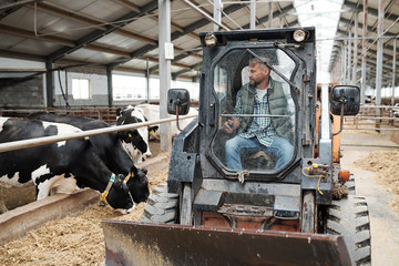 Farmhouse worker sitting in tractor while moving along aisle of animal farm © pressmaster