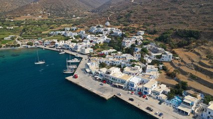 Fototapeta premium Aerial drone photo of iconic port and picturesque village of Katapola in island of Amorgos, Cyclades, Greece