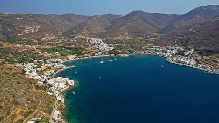 Aerial drone photo of iconic port and picturesque village of Katapola in island of Amorgos, Cyclades, Greece