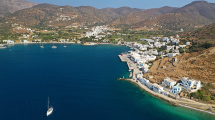 Fototapeta na wymiar Aerial drone photo of iconic port and picturesque village of Katapola in island of Amorgos, Cyclades, Greece