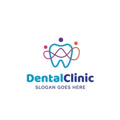 Dental clinic dentistry logo design with blue teeth and colorful human shapes illustration