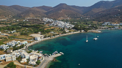 Aerial drone photo of iconic port and picturesque village of Katapola in island of Amorgos, Cyclades, Greece