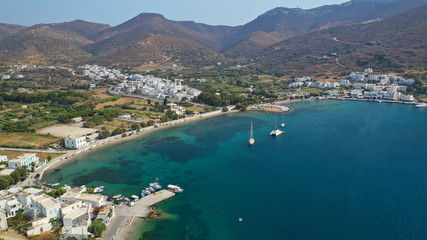 Aerial drone photo of iconic port and picturesque village of Katapola in island of Amorgos,...