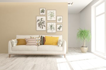 Stylish room in white color with sofa. Scandinavian interior design. 3D illustration