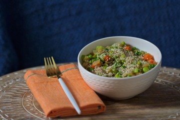 Asian Rice Salad with Peas, Edamame, Sesame Seeds and Carrots