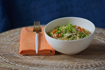 Asian Rice Salad with Peas, Edamame, Sesame Seeds and Carrots