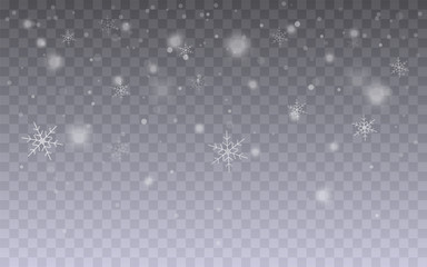 Falling Christmas snow. Realistic falling snowflakes isolated on transparent background. Vector illustration EPS 10