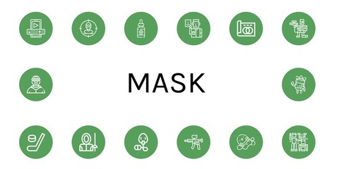 Set of mask icons such as Entertainment, Thief, Serum, Actor, Greyscale, Paintball, Hockey, Fencer, Oxygen mask, Paintball gun, Pool kickboard, Dance, Burglar, Facial treatment , mask