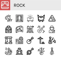 Set of rock icons such as Stage, Singing, Mine, Bungee jumping, Falling rocks, Jukebox, Cave painting, Drum kit, Guitar, Musician, Dolmen, Mining, Stones, Moai, Banjo , rock