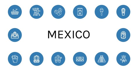 Set of mexico icons such as Nachos, Salsa, Maracas, Cactus, Louvre, Mayan pyramid, Wrestler, Burrito , mexico