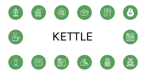 Set of kettle icons such as French press, Coffee grinder, Coffee, Teapot, Kitchen tools, Kettlebell, Grinder, Oven, Kitchen, Mincer, Coffee shop, Herbal tea, Dripper , kettle