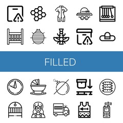 Set of filled icons such as Important delivery, Cradle, Bond, Woodlouse, Neoprene, Faravahar, Pamela hat, Pendulum, Sundial, Mathematician, No bomb, Prisoner transport vehicle , filled