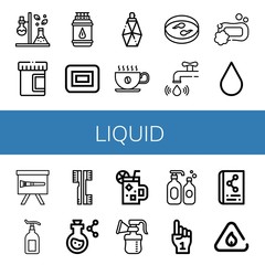 Set of liquid icons such as Test tube, Urine, Gas bottle, Soap, Parfume, Coffee cup, Sample, Water tap, Blood drop, Paint brush, Lotion, Brushes, Flask, Cocktail, Breast pump , liquid