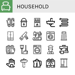Set of household icons such as Toaster, Safety pin, Water bucket, Machine, Sink, Towel rail, Wardrobe, Hand saw, Sewing machine, Washing machine, Grater, Gloves, Broom , household