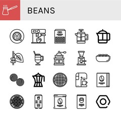 Set of beans icons such as Cezve, Coffee, Coffee maker, Beans, French press, Latte, Coffee grinder, Pistachio, Liquorice, machine, beans, bag, Nuts ,