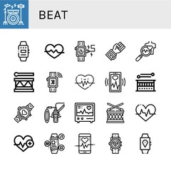 Set of beat icons such as Drum kit, Smartwatch, Heart rate, Blood pressure, Health check, Drum, Heart monitoring, Dubbing, Electrocardiogram, Heartbeat , beat