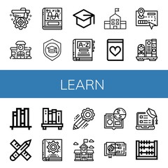 Set of learn icons such as Mortarboard, School, Calculus, Dictionary, Romantic novel, Guide, Bookshelf, Book shelf, Pencil, Manual book, Online learning, Abacus , learn