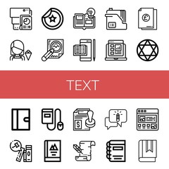 Set of text icons such as Document, Seller, Sticker, Contract, Book, Ebook, Report, Torah, Journal, Books, Parchment, Chatting, Article , text