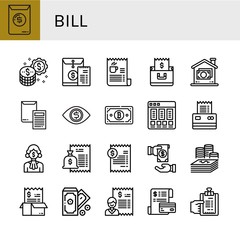 Set of bill icons such as Invoice, Money, Bill, Price list, Corruption, Pay , bill
