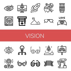 Set of vision icons such as Vision, Psychology, Startup, Blinds, Mission, Augmented reality, Sunglasses, Lens, Pride, View, Concept, Creative, Glasses, Letter , vision