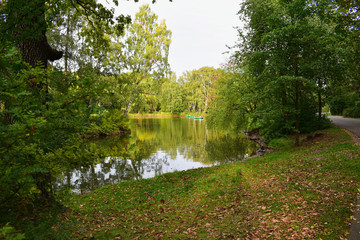 Fototapeta na wymiar Beautiful landscape of green trees surrounding the lake from all sides.