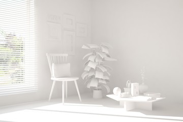 Mock up of stylish room in white color with chair. Scandinavian interior design. 3D illustration