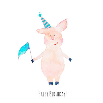 Happy birthday cute card. Watercolor pigs characters celebrating holiday. Hand painted cartoon party animals illustration isolated on white background. Baby artistic design