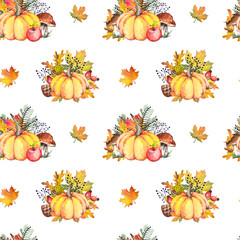Seamless pattern with orange pumpkins over beautiful bright autumnal nature background. Autumn Thanksgiving day. Holiday autumn festival concept.