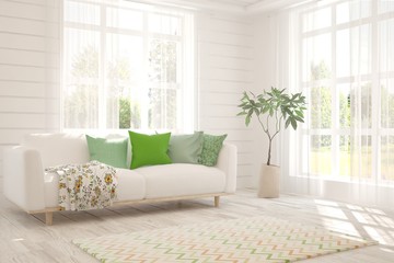 Stylish room in white color with sofa. Scandinavian interior design. 3D illustration