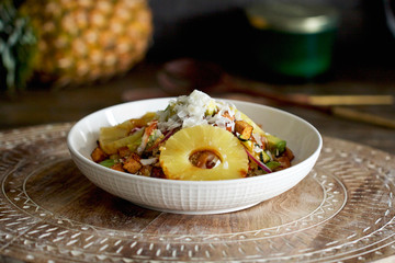 Hawaiian Barbeque Tofu Bowl with Pineapple and Coconut Flakes
