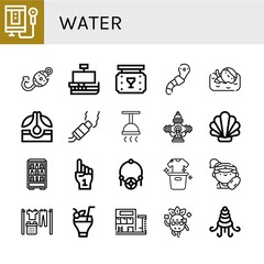 Set of water icons such as Water heater, Fish hook, Caravel, Bar, Worm, Swimmer, Seed, Pollution, Shower, Hydrant, Shell, Vending machine, Foam hand, Amulet, Laundry, Lifeguard , water