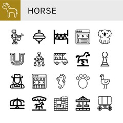 Set of horse icons such as Horse, Medieval, Spinning top, Rope park, Carousel, Koala, Horseshoe, Mobile toy, Safari, Spring swing horse, Pawn, Cowgirl, Seahorse, Animal ,