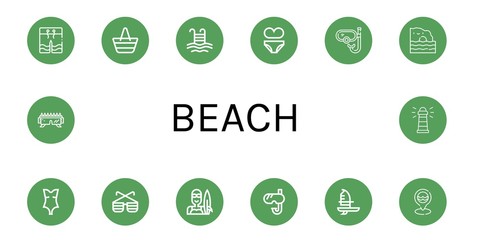 Set of beach icons such as Swimwear, Beach bag, Pool, Bikini, Snorkel, Algarve, Swimsuit, Sunglasses, Surfer, Windsurf, Sea, Lighthouse , beach
