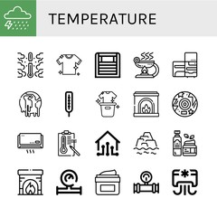 Set of temperature icons such as Storm, Overheat, Laundry, Heater, Burner, Refrigerator, Climate change, Thermometer, Fireplace, Disc, Air conditioner, Temperature , temperature