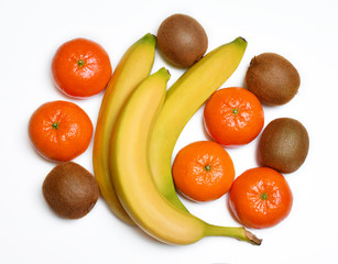An image of a composition with three bananas, four kiwis and five tangerines on a white background